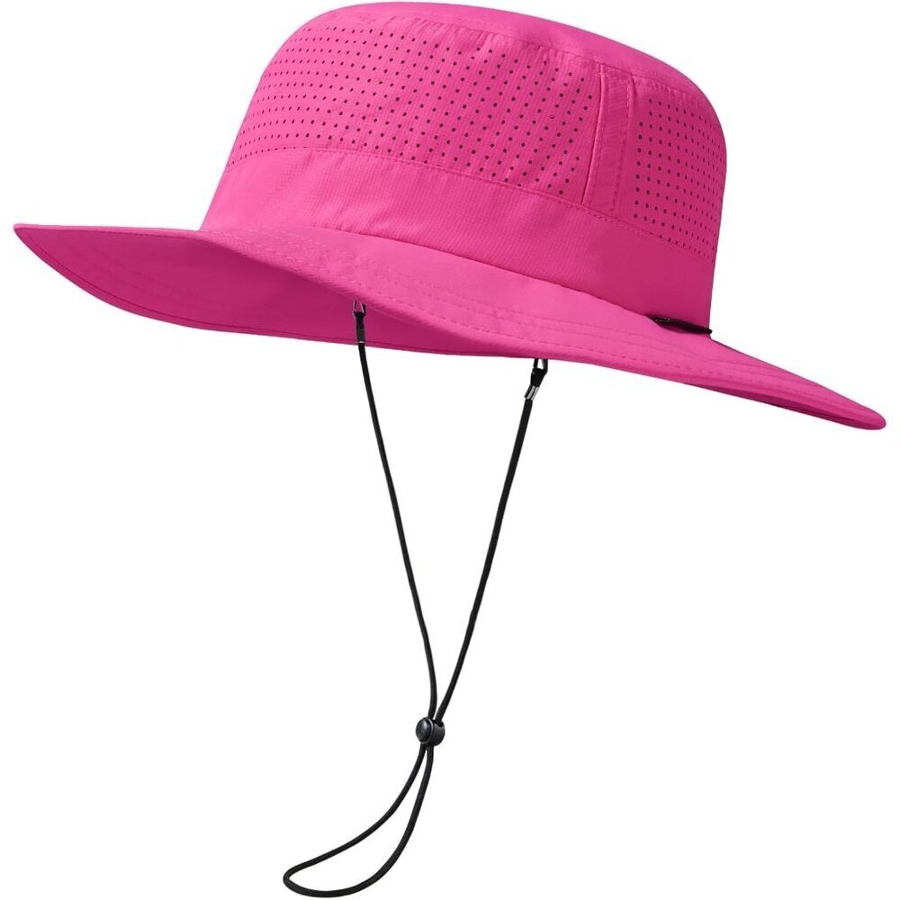 Unisex Pink 100% Polyester Wide Brim Boonie Mesh Adjustable Chin Strip Sun Hat